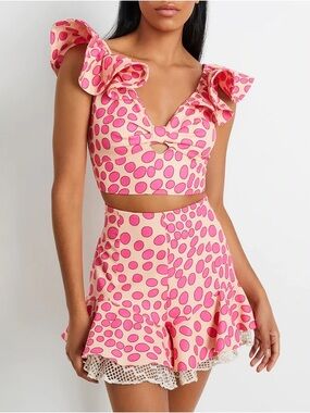 Patbo Bossa Rosa Pink Polka-Dot Ruffle High Waist Shorts